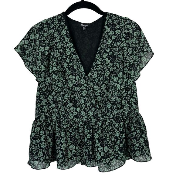 Madewell Top Women XXS Faux Wrap Ruffle Peplum Dark Green Floral Cottagecore - Picture 2 of 12
